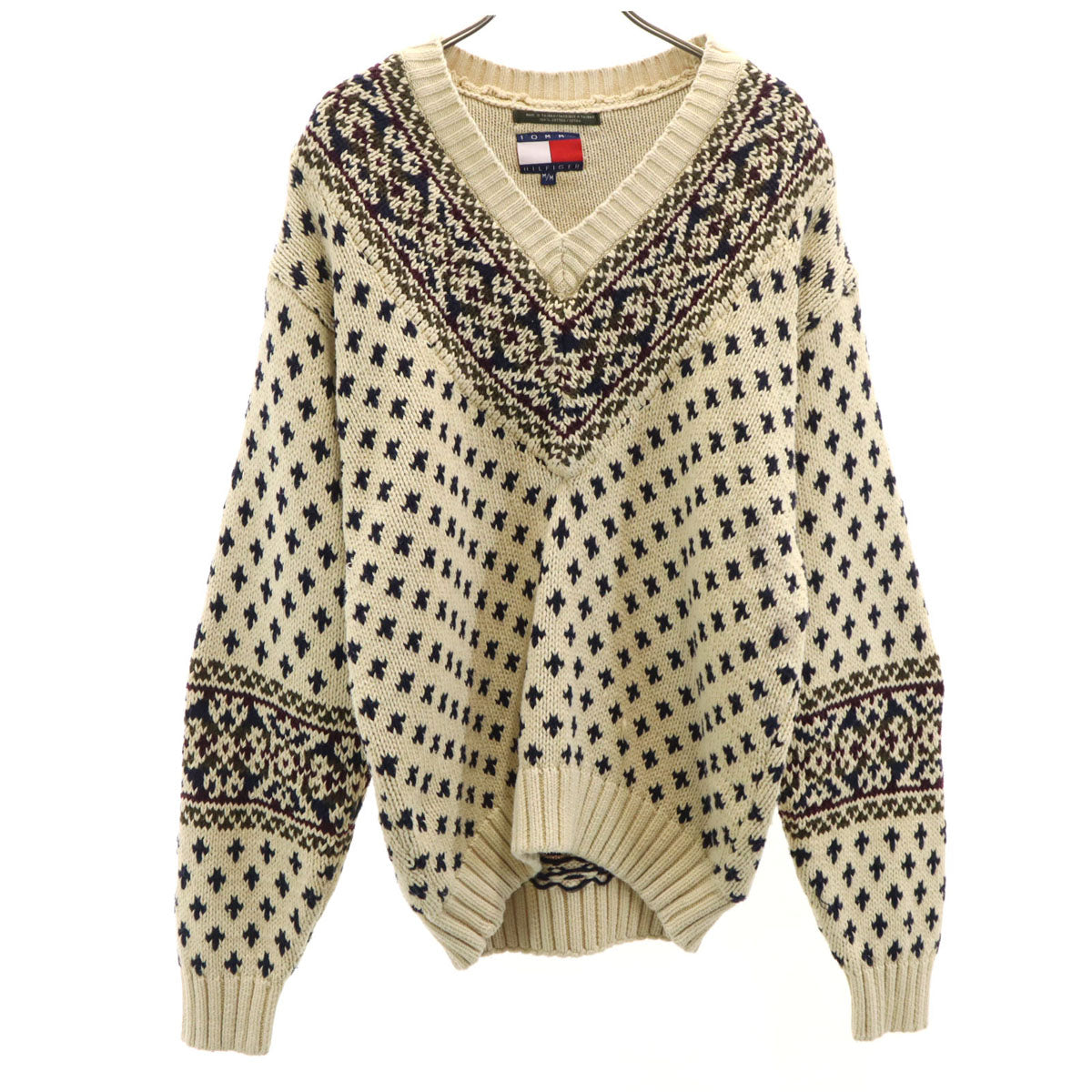 TOMMY HILFIGER トミーヒルフィガー 90s オールド 総柄 長袖 セーター M ベージュ ニット レディース