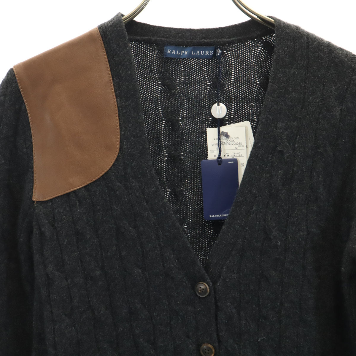 未使用 RALPH LAUREN ラルフローレン カシミヤブレンド 長袖 Vネック ニットカーディガン M チャコールグレー ケーブル レディース