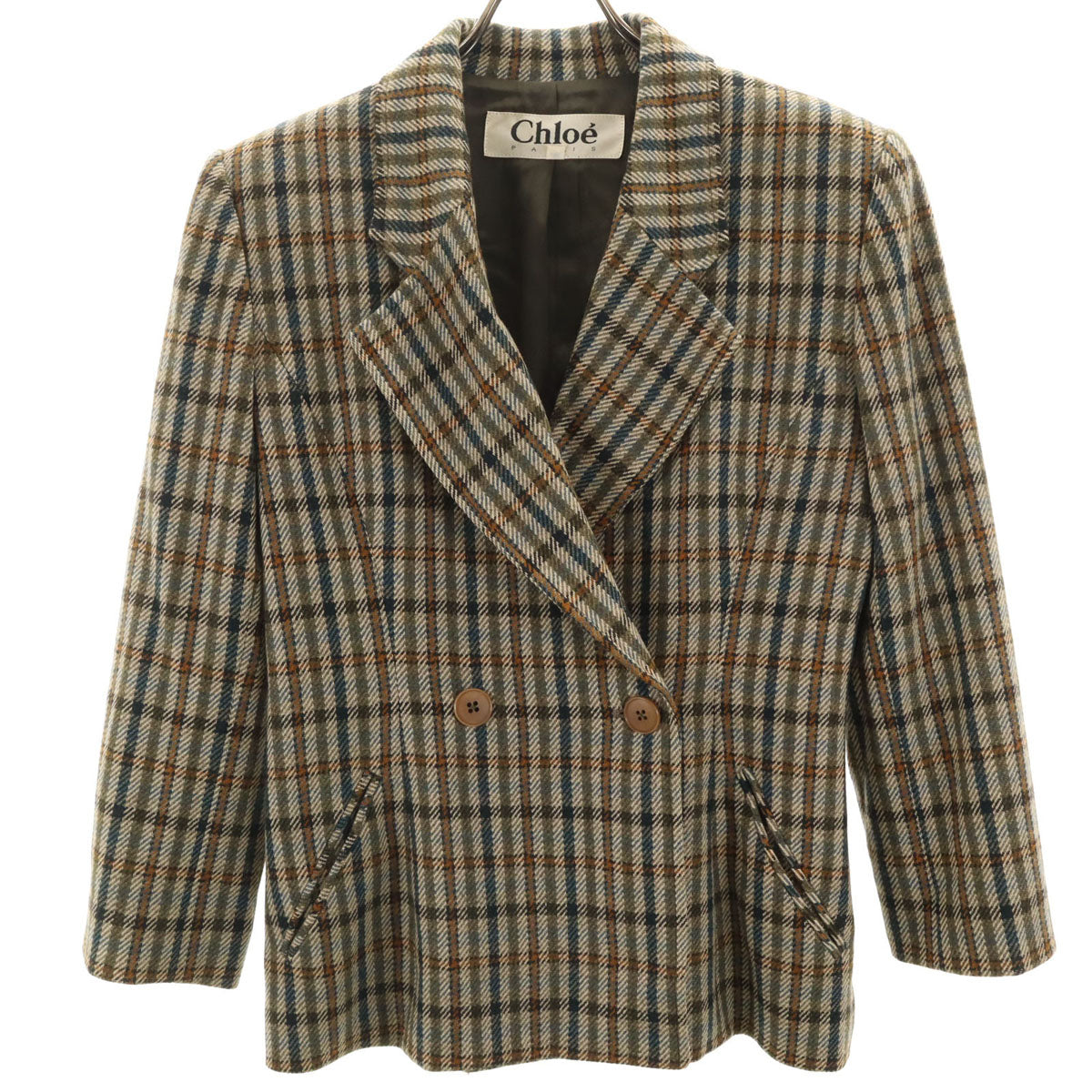 Chloe クロエ ウール チェック柄 テーラードジャケット 42 カーキ系