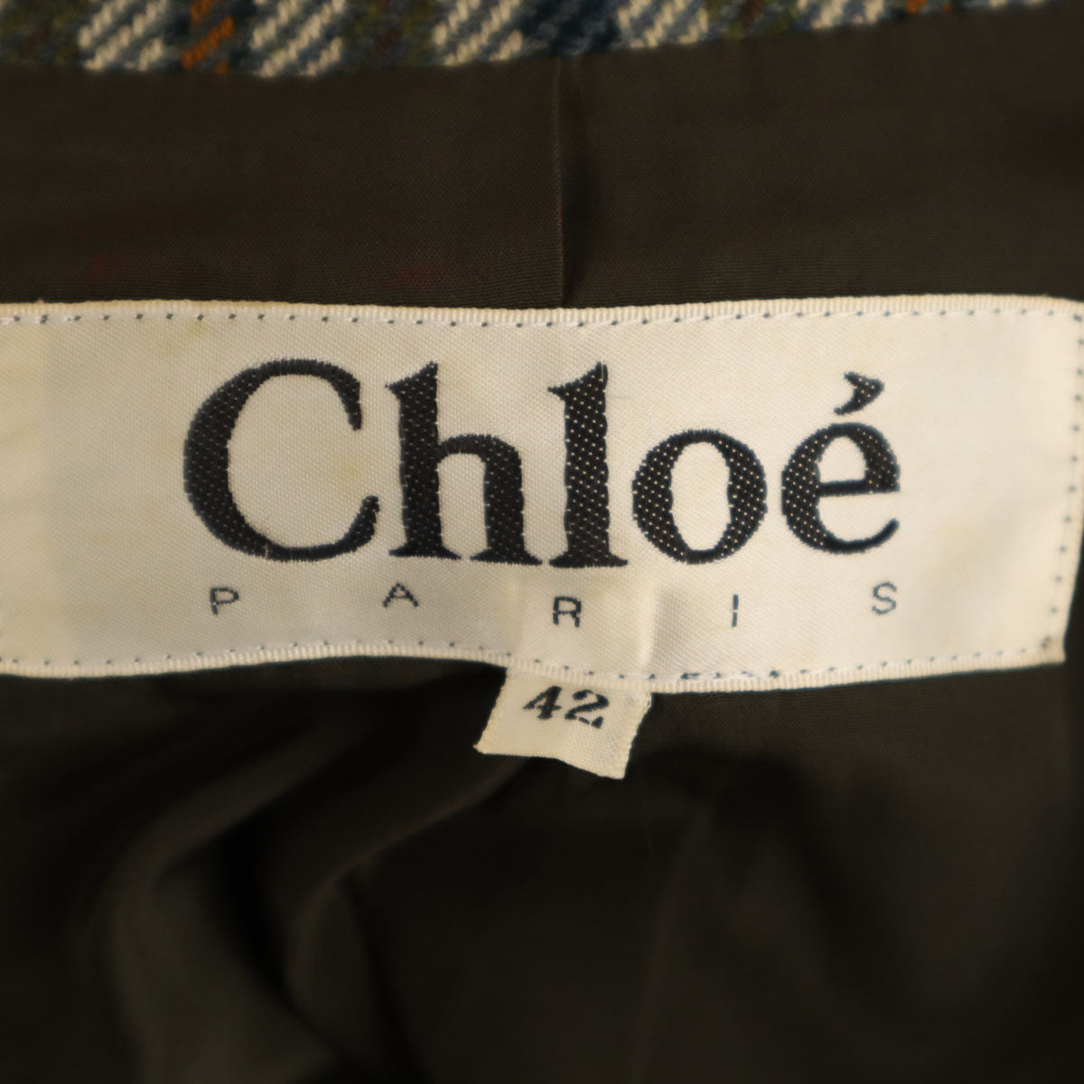 Chloe クロエ ウール チェック柄 テーラードジャケット 42 カーキ系 レディース