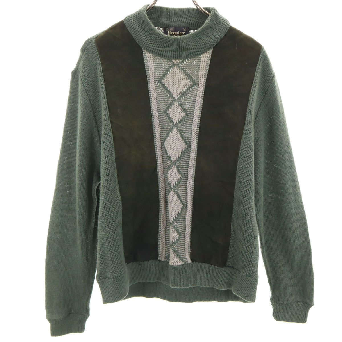 Sears シアーズ 70s ヴィンテージ 長袖 スエードレザー切替 セーター M カーキ ニット メンズ