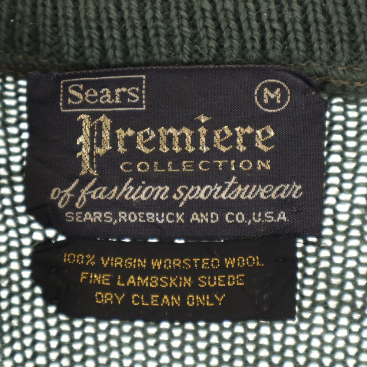 Sears シアーズ 70s ヴィンテージ 長袖 スエードレザー切替 セーター M カーキ ニット メンズ