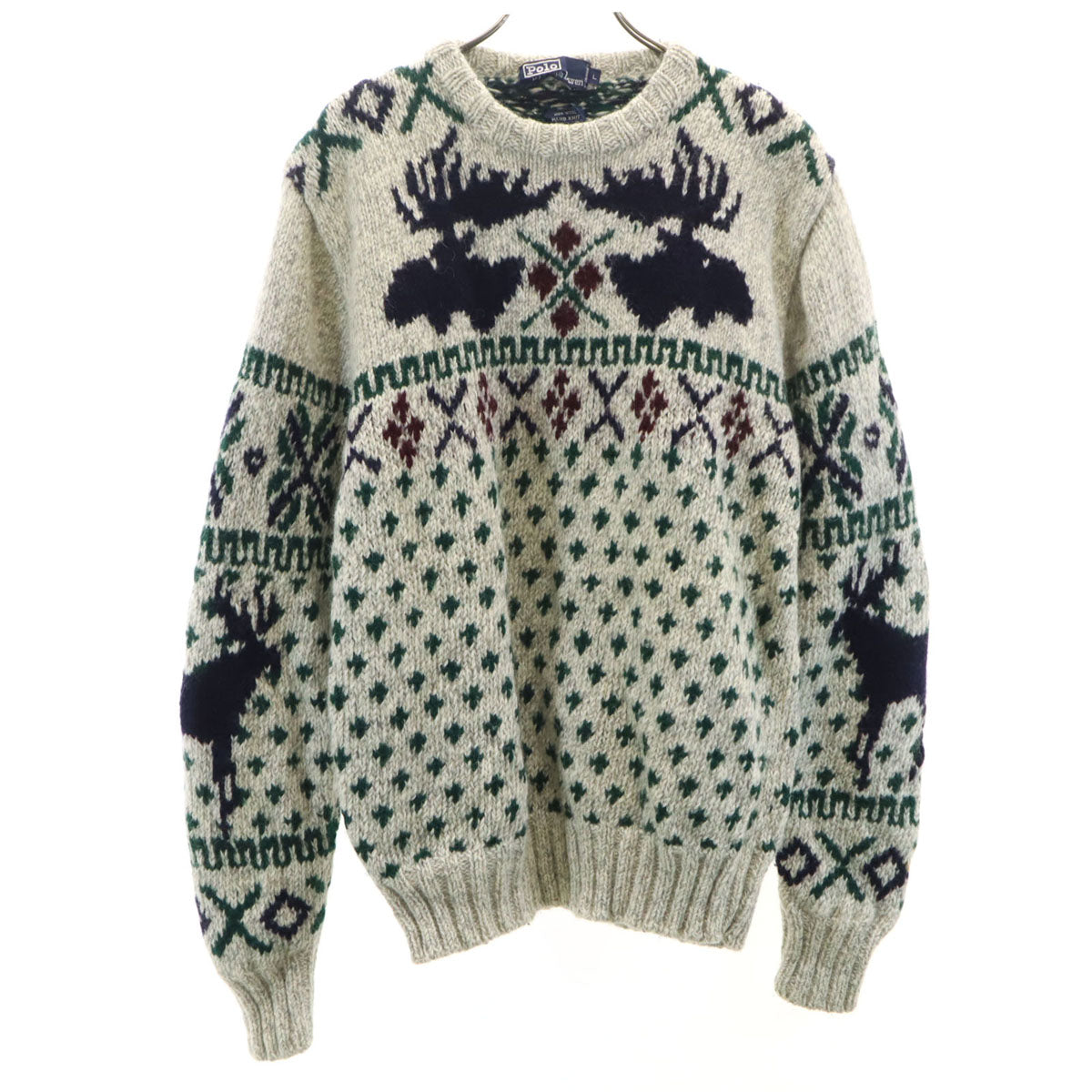 Polo by Ralph Lauren ポロバイラルフローレン 90s ハンドニット オールド ノルディック柄 長袖 セーター L グレー ニット アニマル トナカイ メンズ