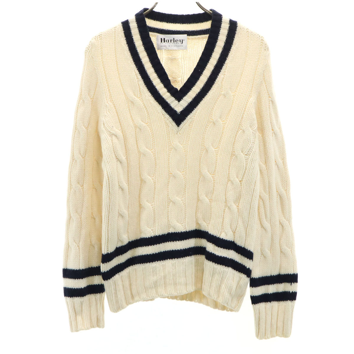 Harley of Scotland ハーレーオブスコットランド ケーブル編み 長袖 Vネック セーター ホワイト ニット レディース