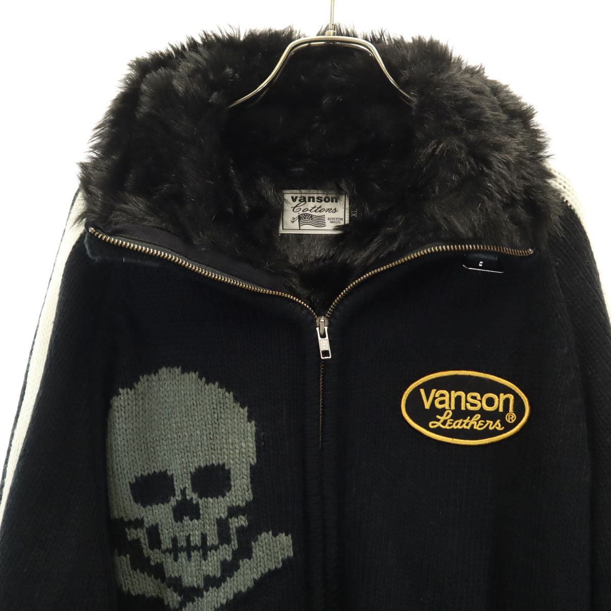 VANSON Cottons バンソンコットンズ バックスカル ニットジャケット XL ブラック 裏フェイクファー メンズ