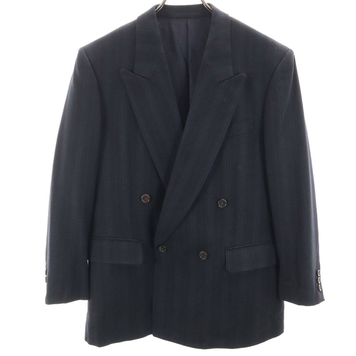 LANVIN ランバン 80s 90s シルクウールブレンド オールド ストライプ テーラードジャケット R46-44 ネイビー メンズ