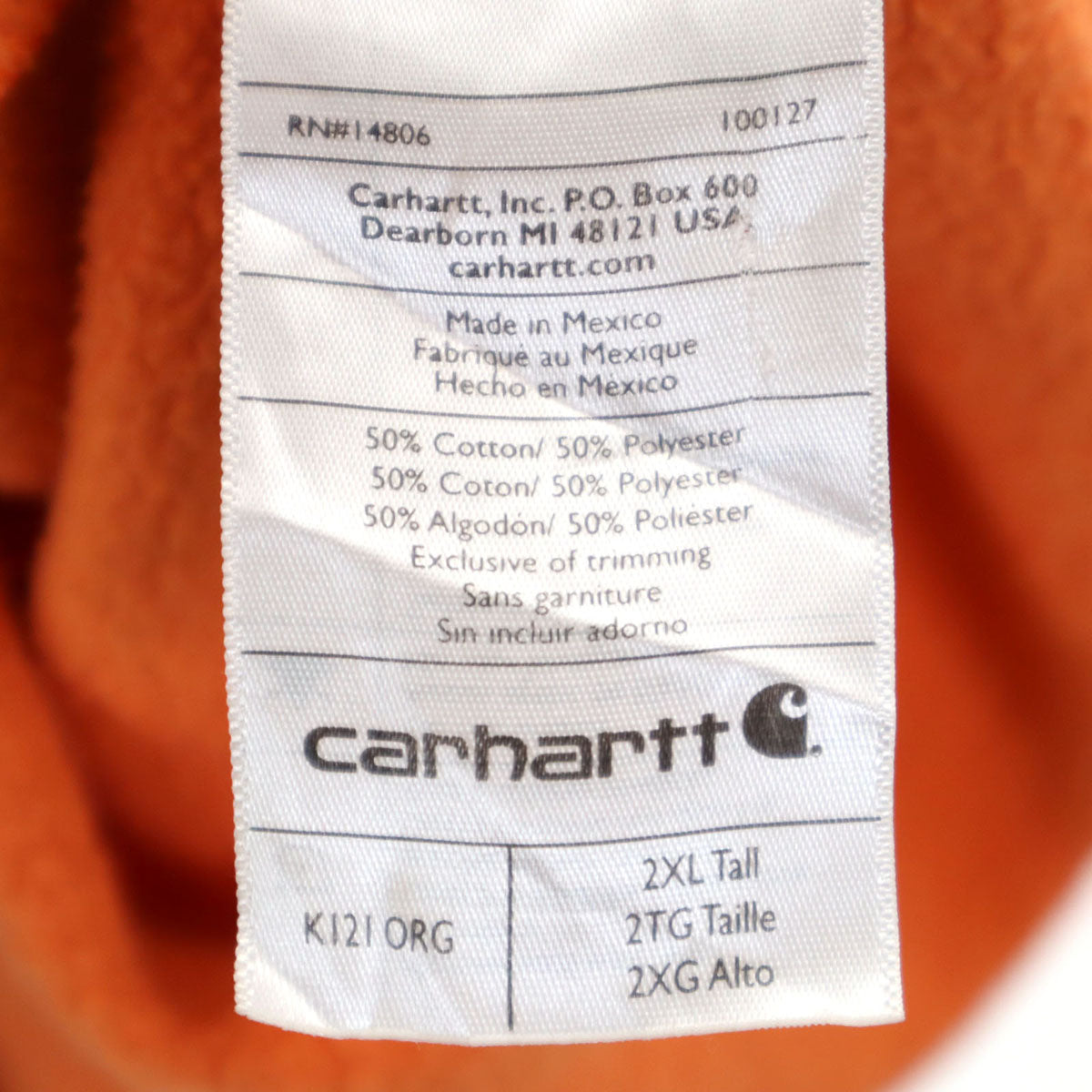 Carhartt カーハート 長袖 スウェットパーカー 2XL オレンジ 裏起毛 プルオーバー メンズ