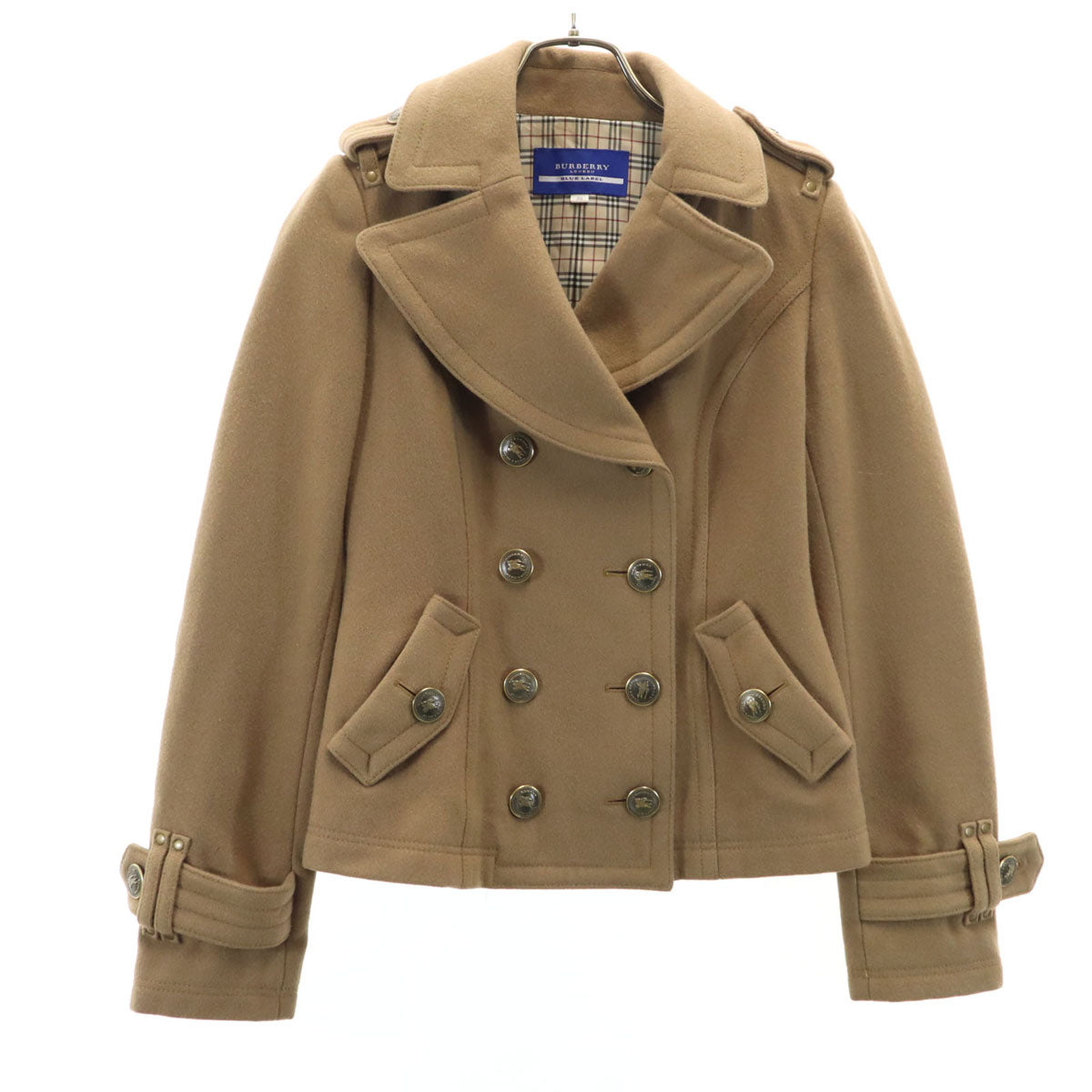 BURBERRY BLUE LABEL バーバリーブルーレーベル ウールブレンド 裏ノバチェック ピーコート 38 ベージュ 三陽商会 レディース