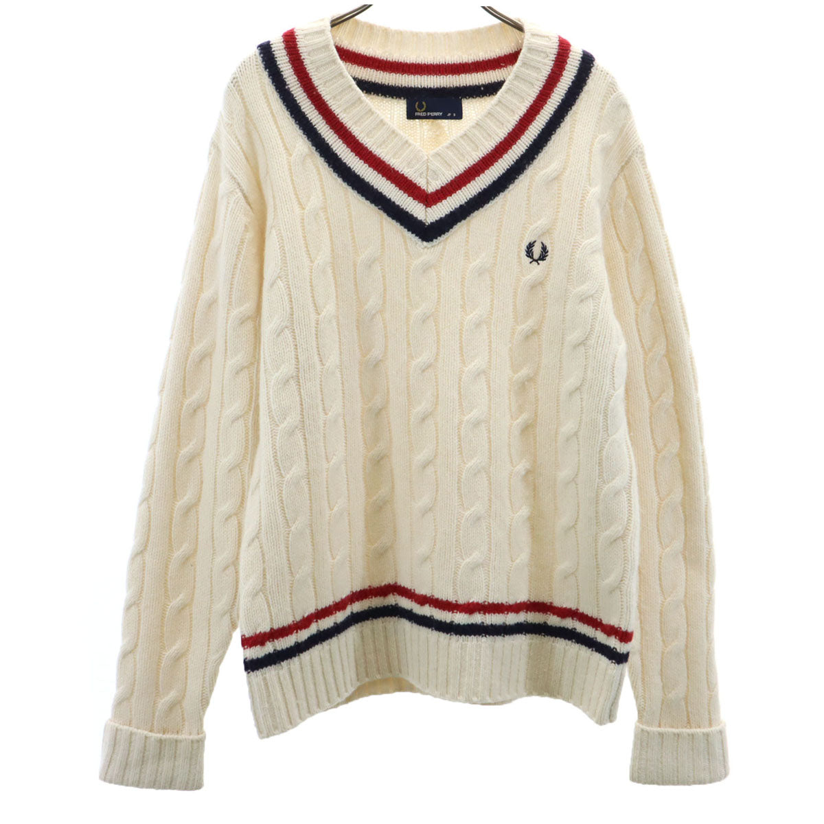 FRED PERRY フレッドペリー 長袖 Vネック セーター S アイボリー ケーブルニット メンズ