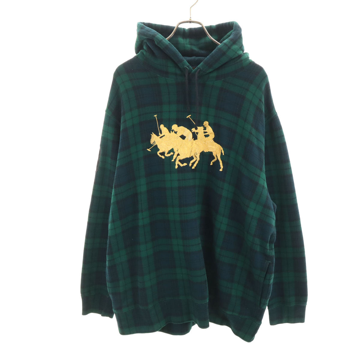 美品 POLO RALPH LAUREN ポロラルフローレン チェック柄 トリプルポニー刺繍 長袖 パーカー XXL グリーン 裏起毛 ビッグサイズ メンズ