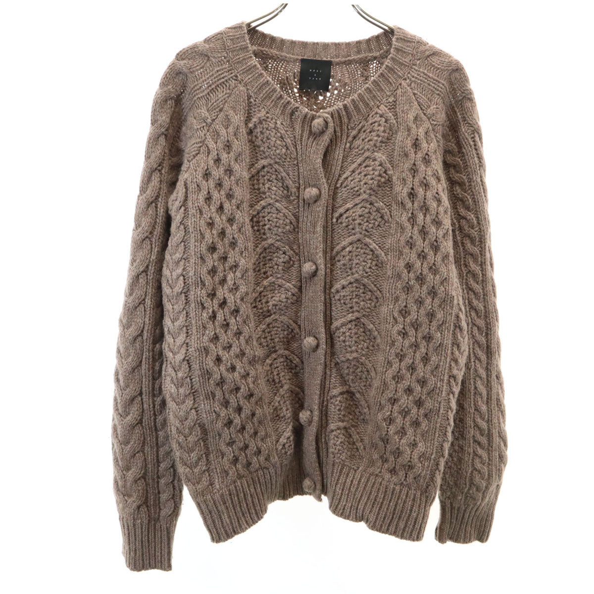 PORTOM オオカミとフクロウ ウールブレンド ケーブル編み 長袖 カーディガン ブラウン レディース