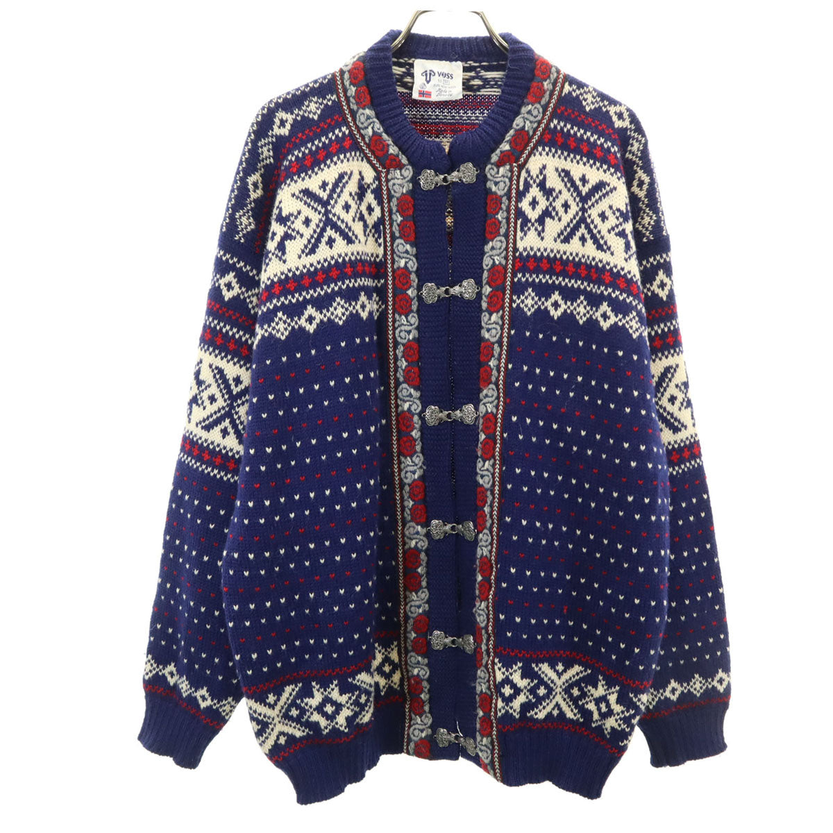 VOSS ヴォス 80s ノルウェー製 ウール100% ヴィンテージ ノルディック ニット カーディガン M ネイビー系 チロルカーデ メンズ