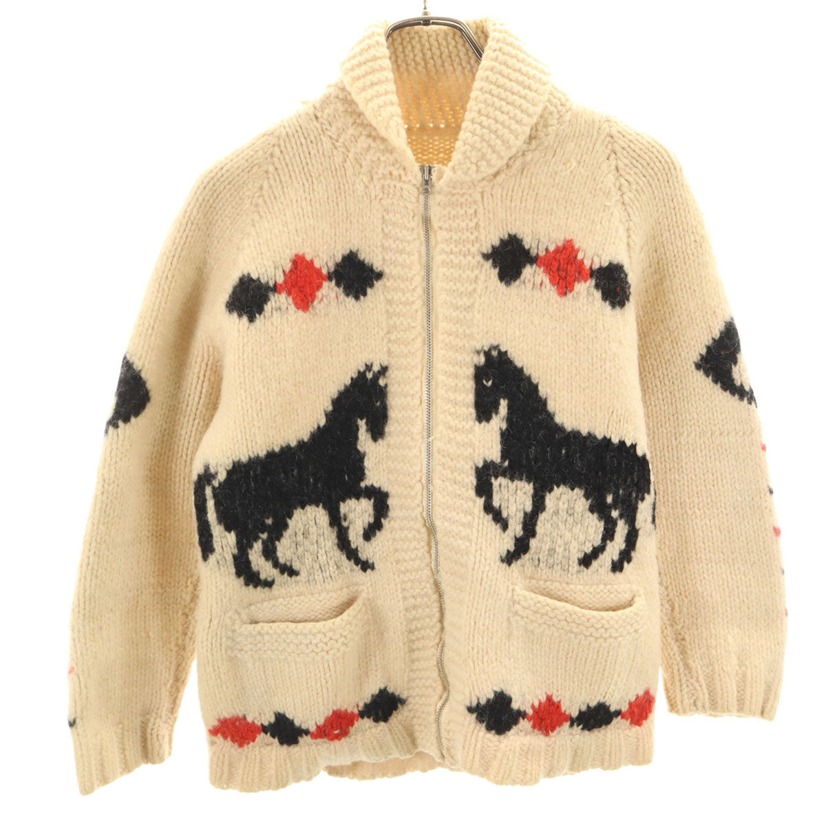 60s 70s ヴィンテージ ホース柄 カウチンジャケット ベージュ ニット レディース