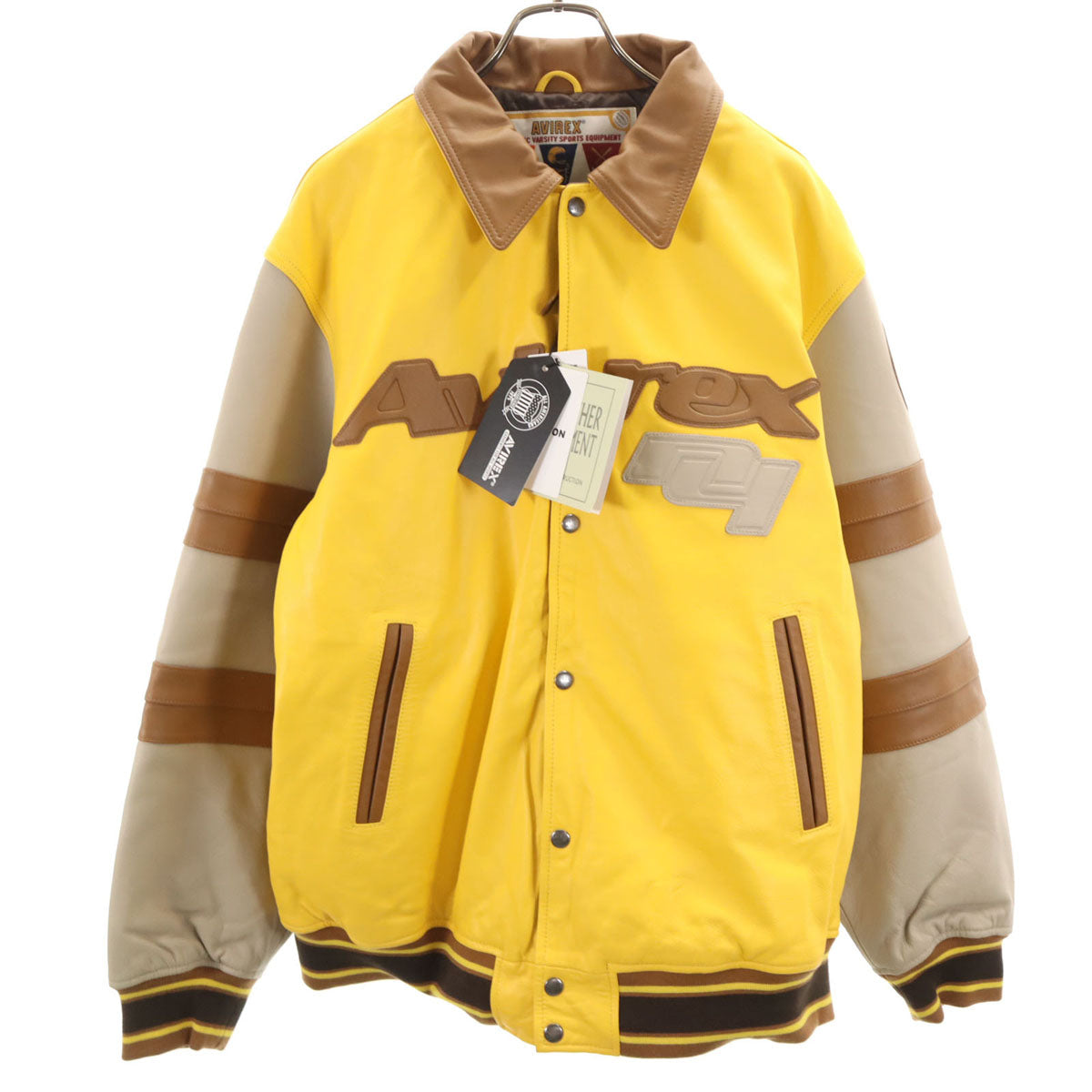 未使用 AVIREX アビレックス STABRIDGE スタブリッジ コラボ 羊革 レザー ヴァーシティ ジャケット 2XL イエロー系 タグ付き ビッグサイズ メンズ