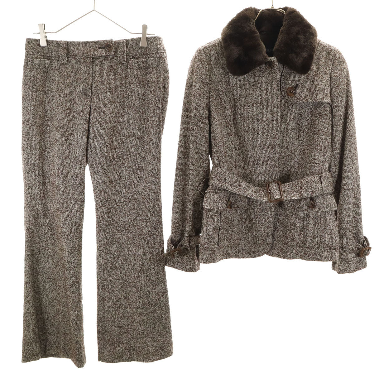 BURBERRY LONDON バーバリーロンドン ウールブレンド パンツスーツ 上下 セットアップ 38/40 ブラウン系 三陽商会 ベルト付き レディース