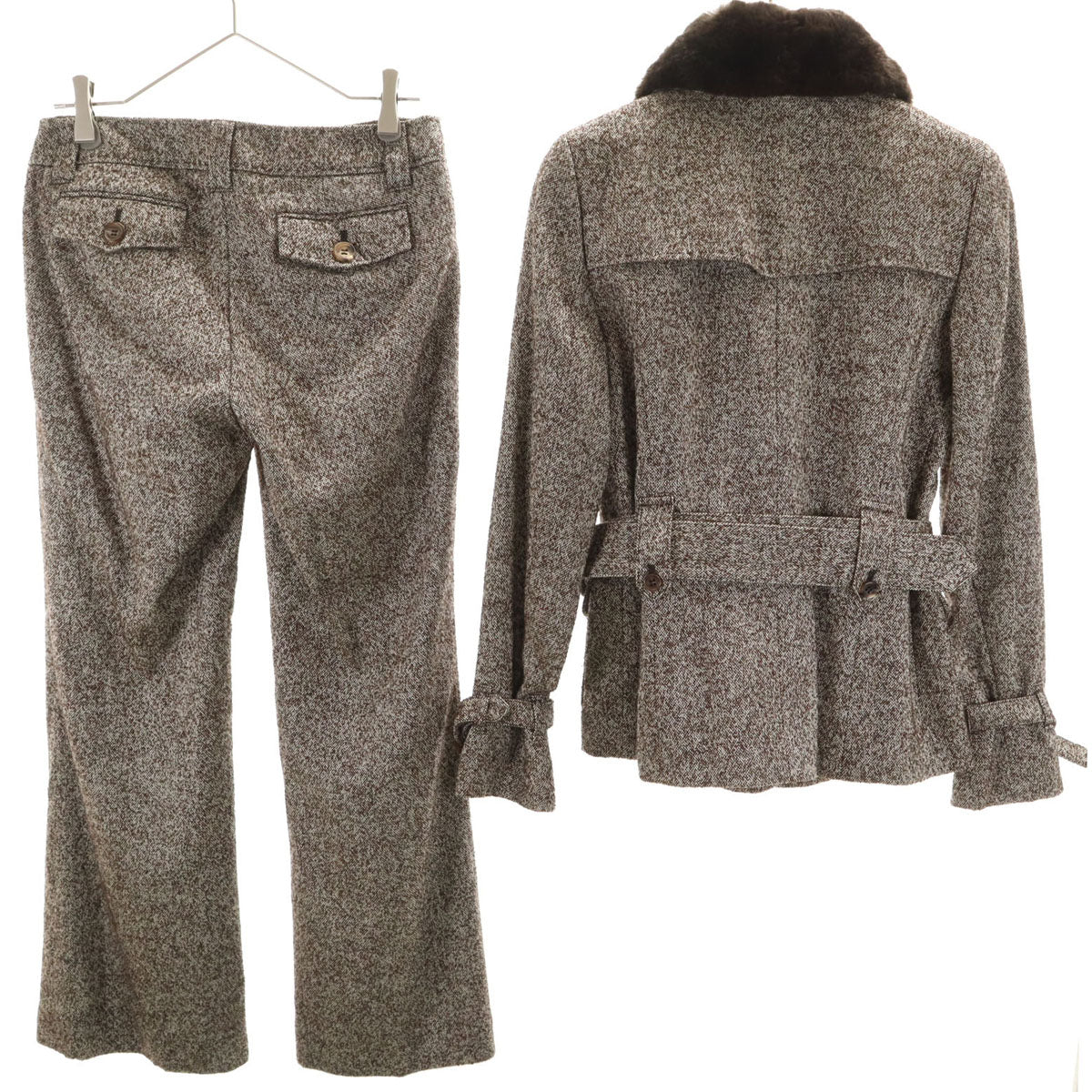 BURBERRY LONDON バーバリーロンドン ウールブレンド パンツスーツ 上下 セットアップ 38/40 ブラウン系 三陽商会 ベルト付き レディース