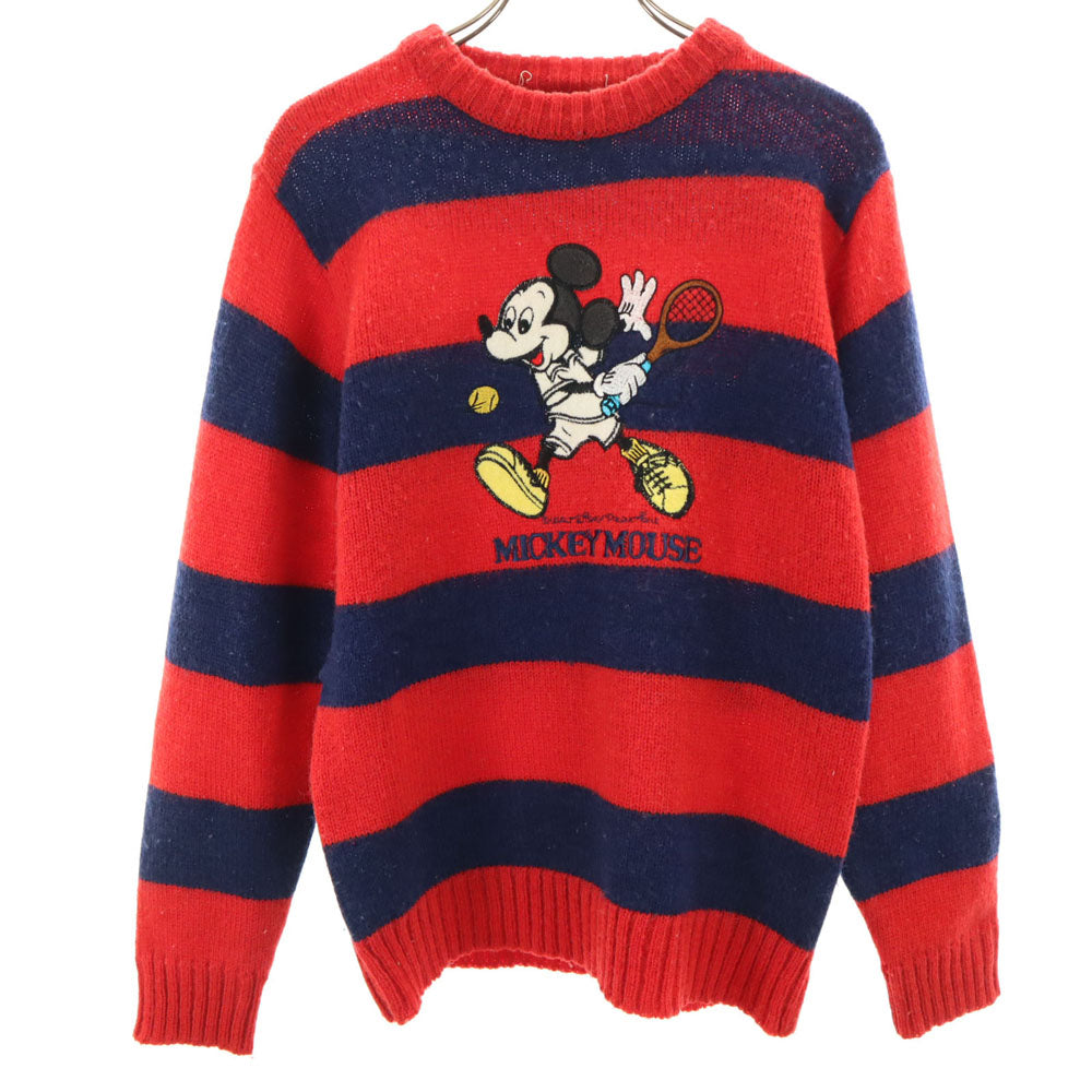 ウォルトディズニープロダクション 80s 90s ウールブレンド オールド ボーダー柄 長袖 セーター 赤×ネイビー American World ニット ミッキーマウス メンズ