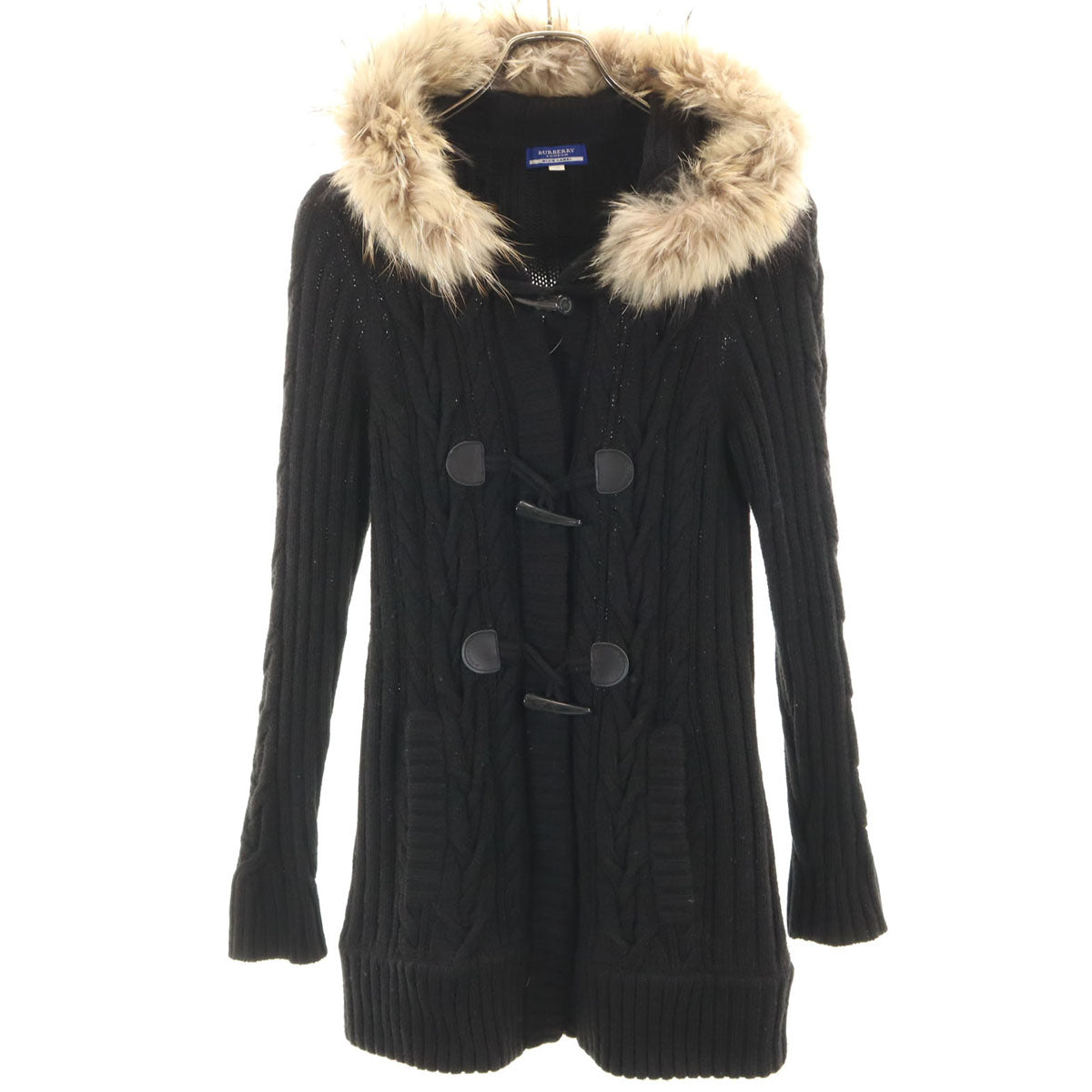 BURBERRY BLUE LABEL バーバリーブルーレーベル ウールブレンド 長袖 ダッフルニット フーディー カーディガン 38 ブラック 三陽商会 レディース