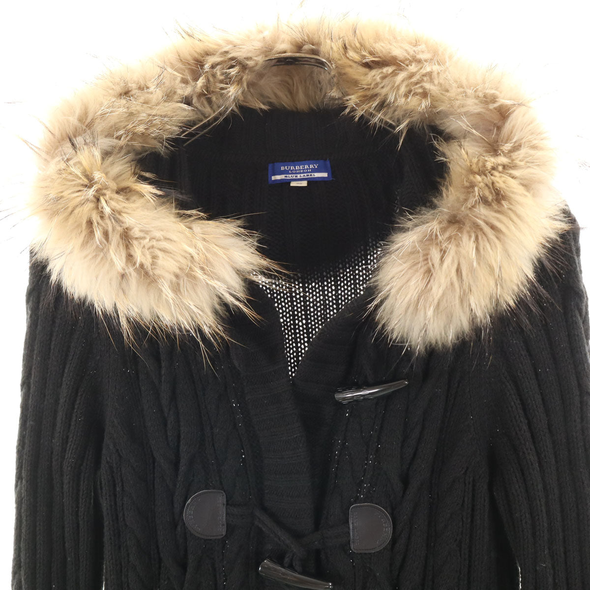 BURBERRY BLUE LABEL バーバリーブルーレーベル ウールブレンド 長袖 ダッフルニット フーディー カーディガン 38 ブラック 三陽商会 レディース