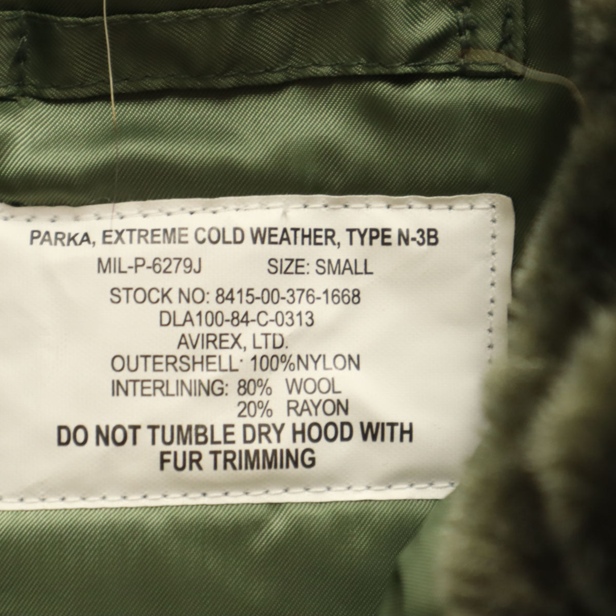 未使用 AVIREX アヴィレックス N-3B フライトジャケット S オリーブ 中綿 ラクーンファー付き メンズ