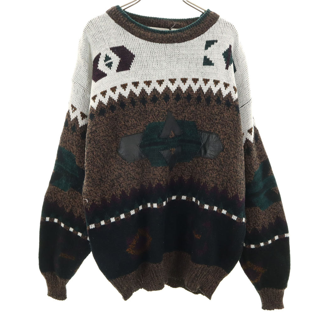 URBAN WORKS 80s 90s 韓国製 オールド 総柄 長袖 アクリル セーター L ブラウン系 ニット メンズ
