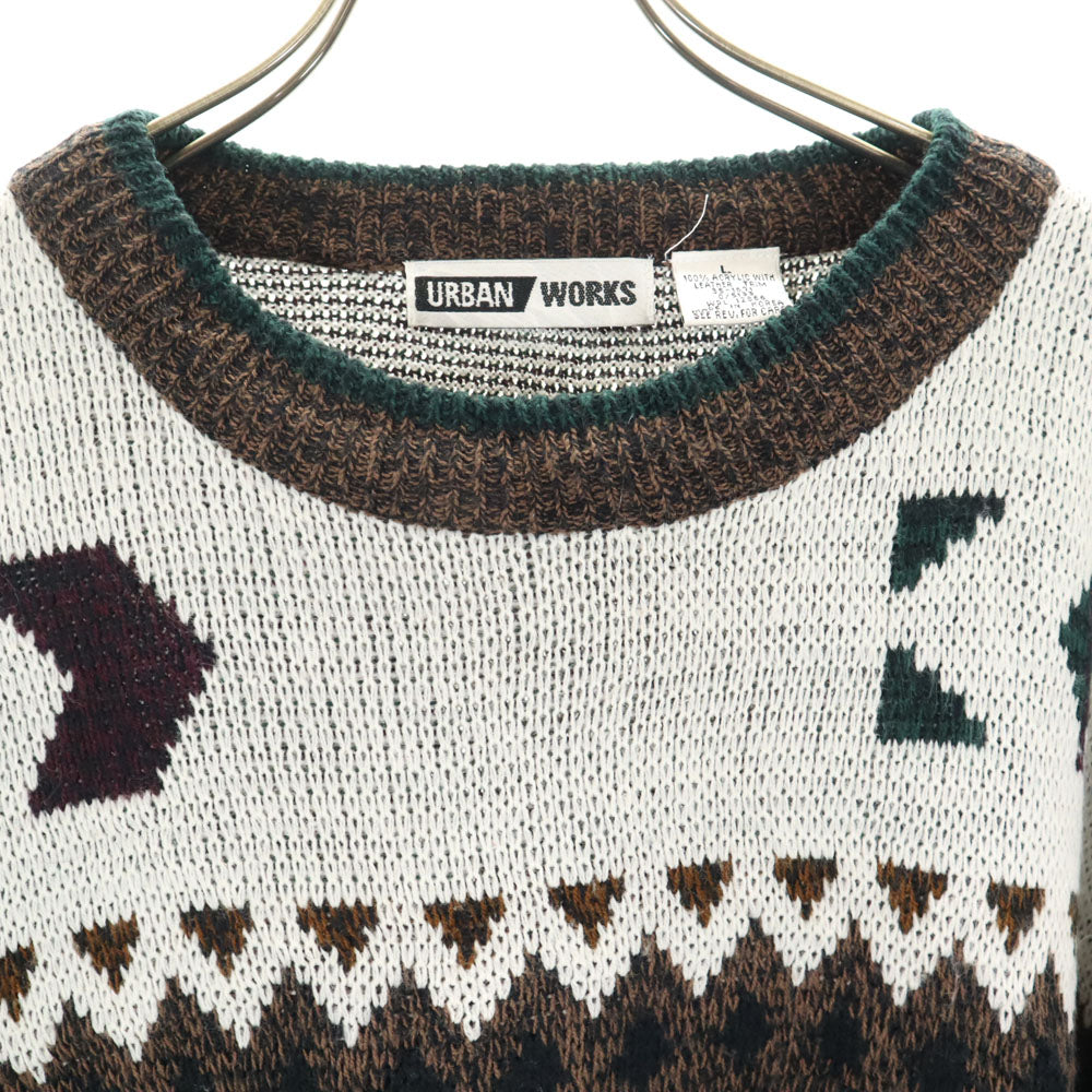 URBAN WORKS 80s 90s 韓国製 オールド 総柄 長袖 アクリル セーター L ブラウン系 ニット メンズ
