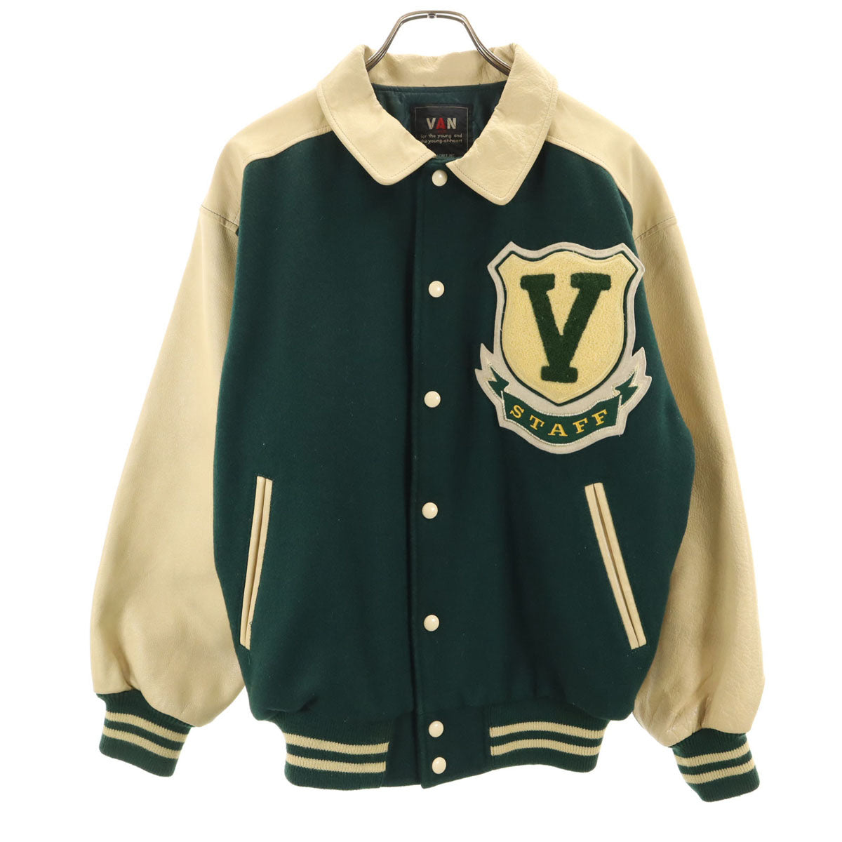 VAN JACKET ヴァンヂャケット レタードワッペン 牛革レザー切替 スタジャン BIG ONE 深緑 中綿 ジャケット メンズ
