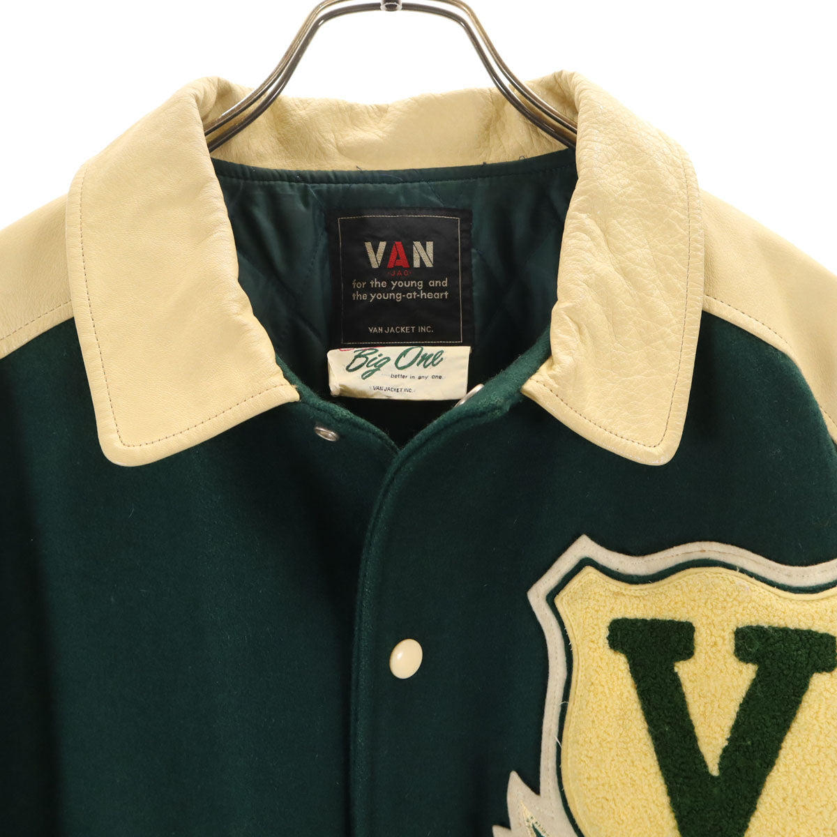 VAN JACKET ヴァンヂャケット レタードワッペン 牛革レザー切替 スタジャン BIG ONE 深緑 中綿 ジャケット メンズ