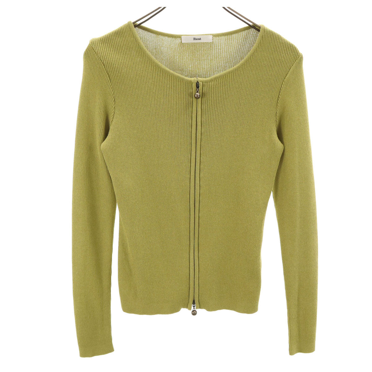 Rene ルネ 日本製 長袖 ジップアップ リブ ニットカーディガン 38 グリーン系 レディース