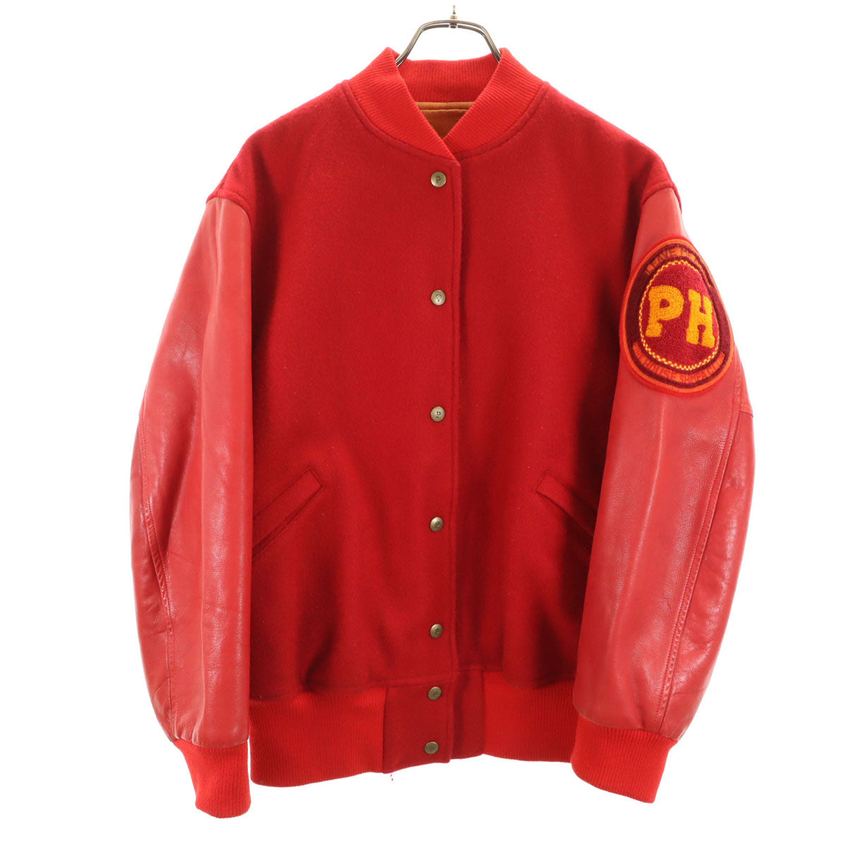 PINK HOUSE ピンクハウス ワッペン 牛革レザー切替 スタジャン レッド ジャケット レディース