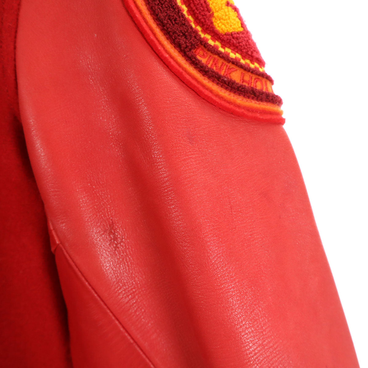 PINK HOUSE ピンクハウス ワッペン 牛革レザー切替 スタジャン レッド ジャケット レディース