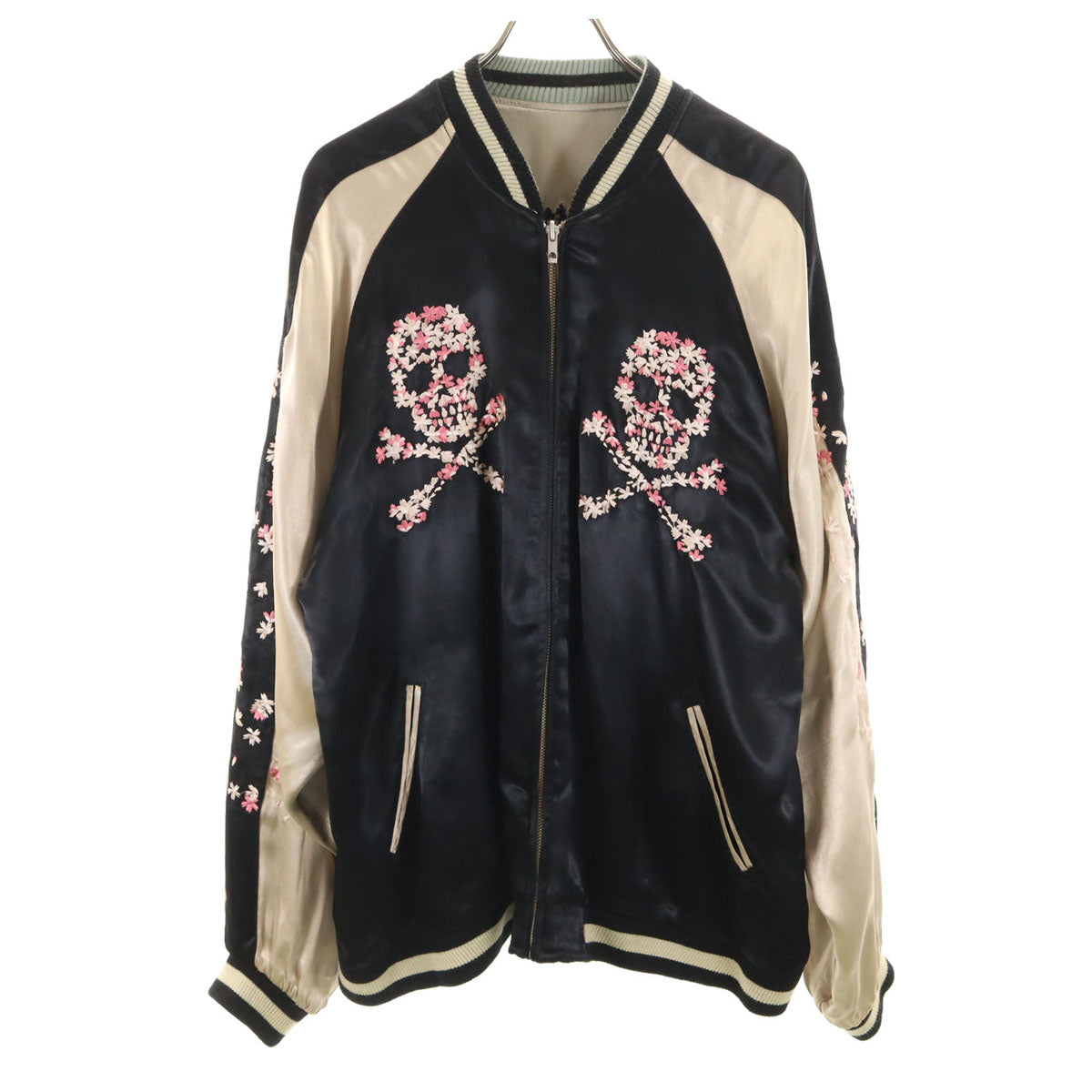 花旅楽団 花柄 リバーシブル スカル刺繍 スカジャン XL ブラック系 メンズ