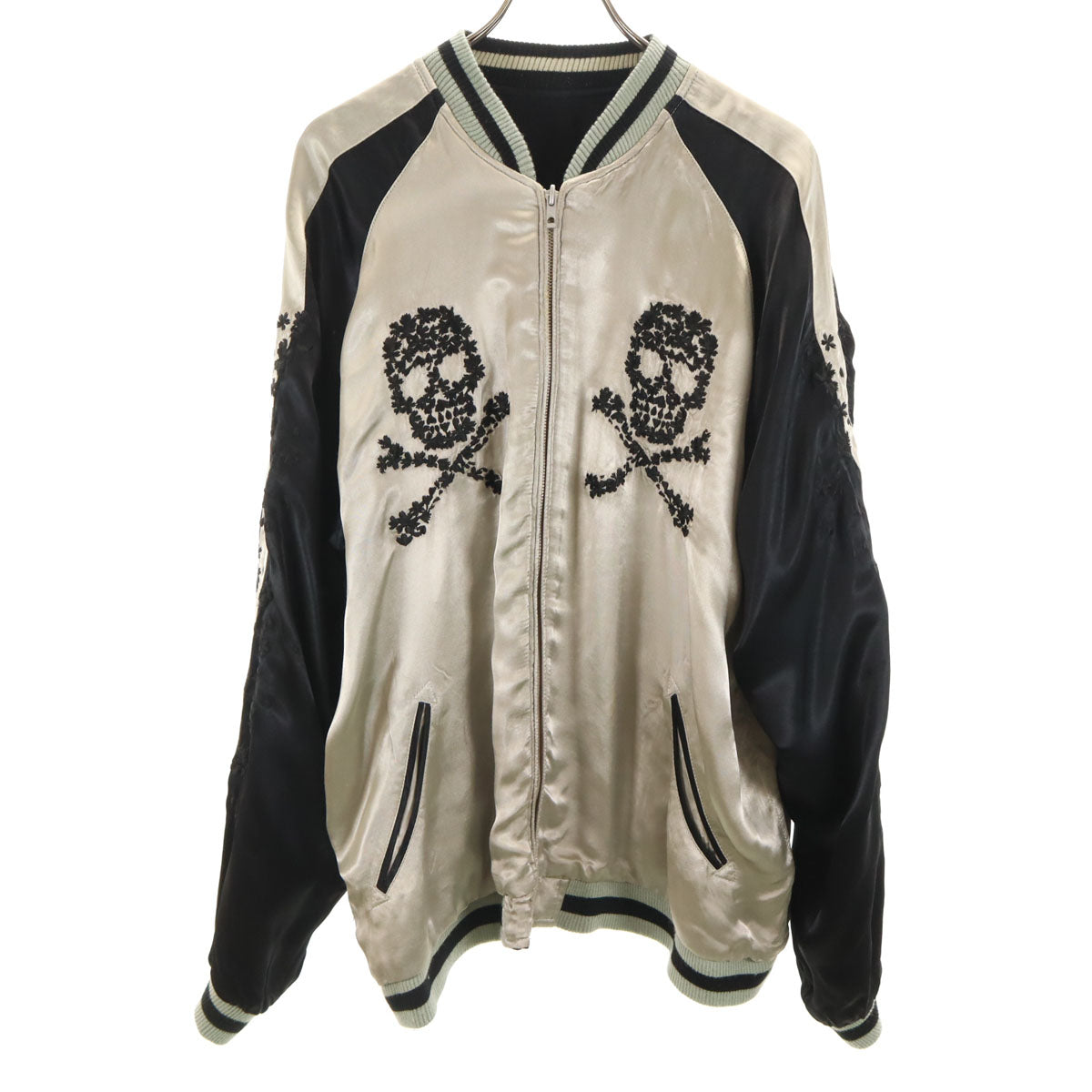 花旅楽団 花柄 リバーシブル スカル刺繍 スカジャン XL ブラック系 メンズ