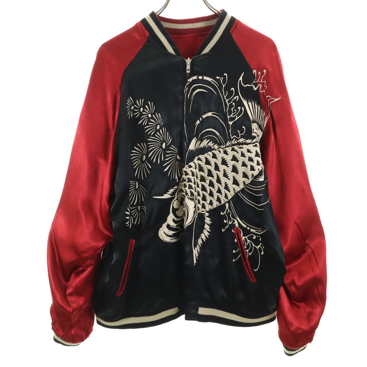 美品 花旅楽団 リバーシブル 鯉刺繍 スカジャン XL レッド系 メンズ
