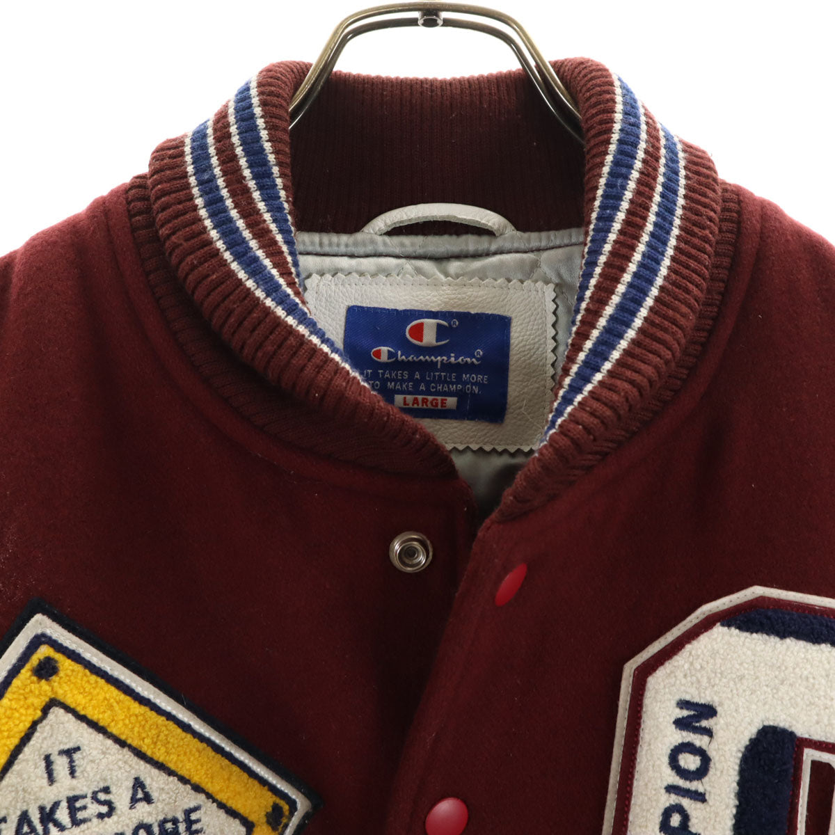 Champion チャンピオン レタードワッペン 牛革レザー切替 スタジャン L ボルドー メンズ