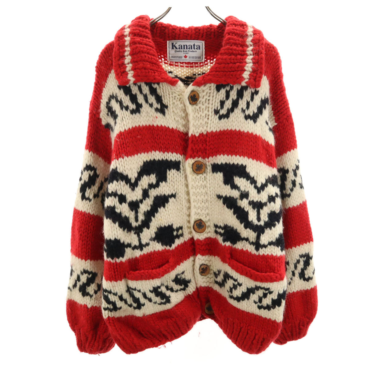 KANATA カナタ カナダ製 オオカミ ウルフ カウチンジャケット レッド メープルボタン セーター アニマル柄 メンズ