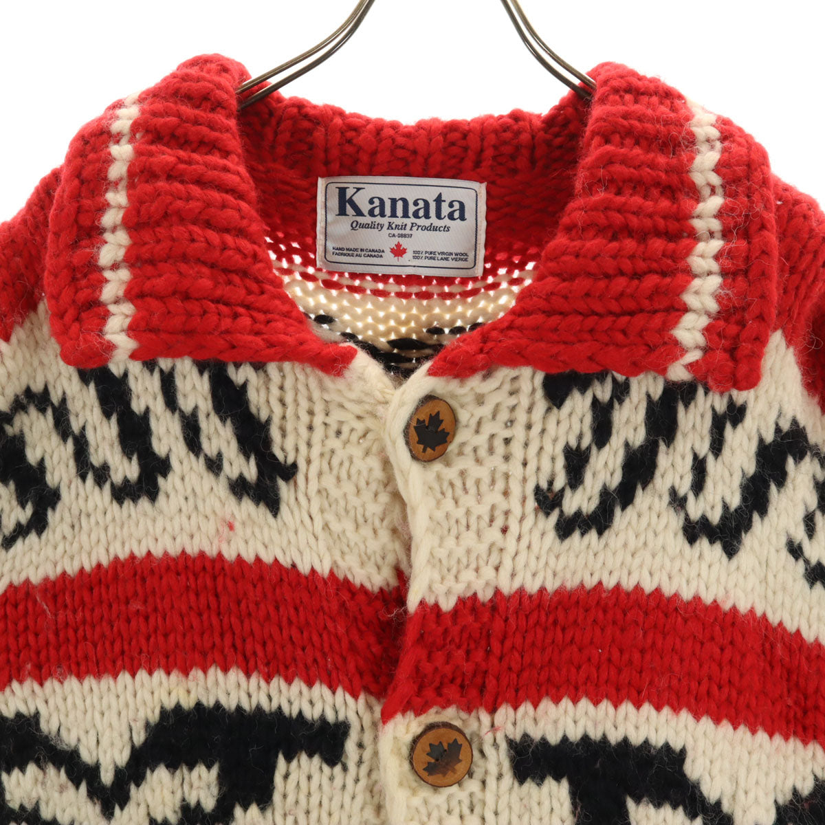 KANATA カナタ カナダ製 オオカミ ウルフ カウチンジャケット レッド メープルボタン セーター アニマル柄 メンズ