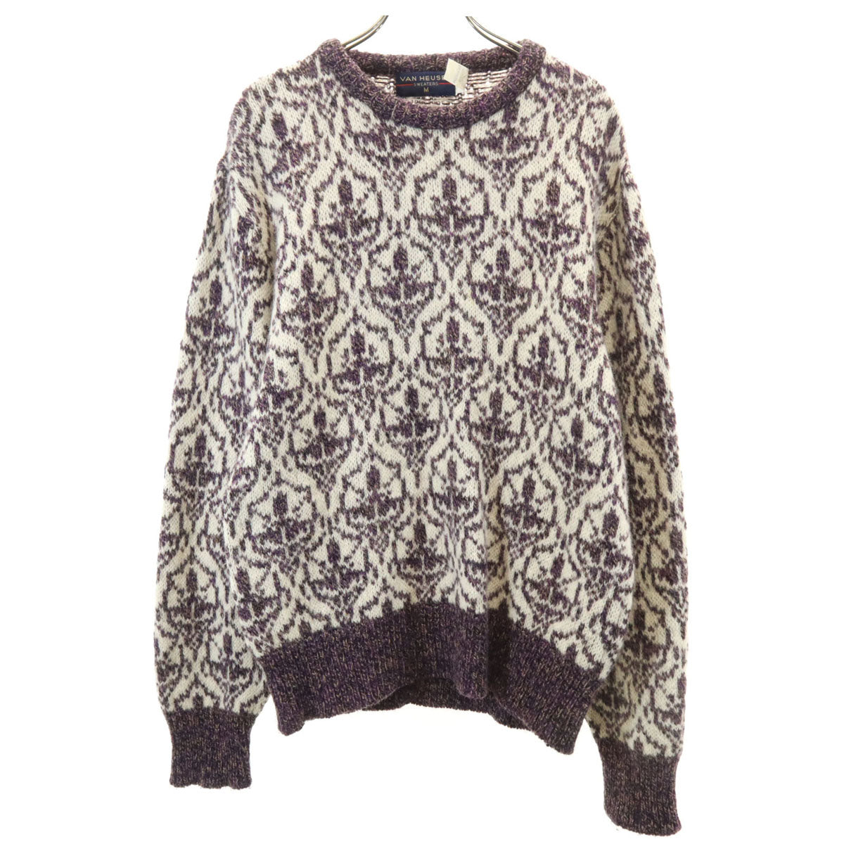 VAN HEUSEN ヴァンヒューゼン 80s 90s USA製 オールド 総柄 長袖 セーター M アイボリー ニット メンズ