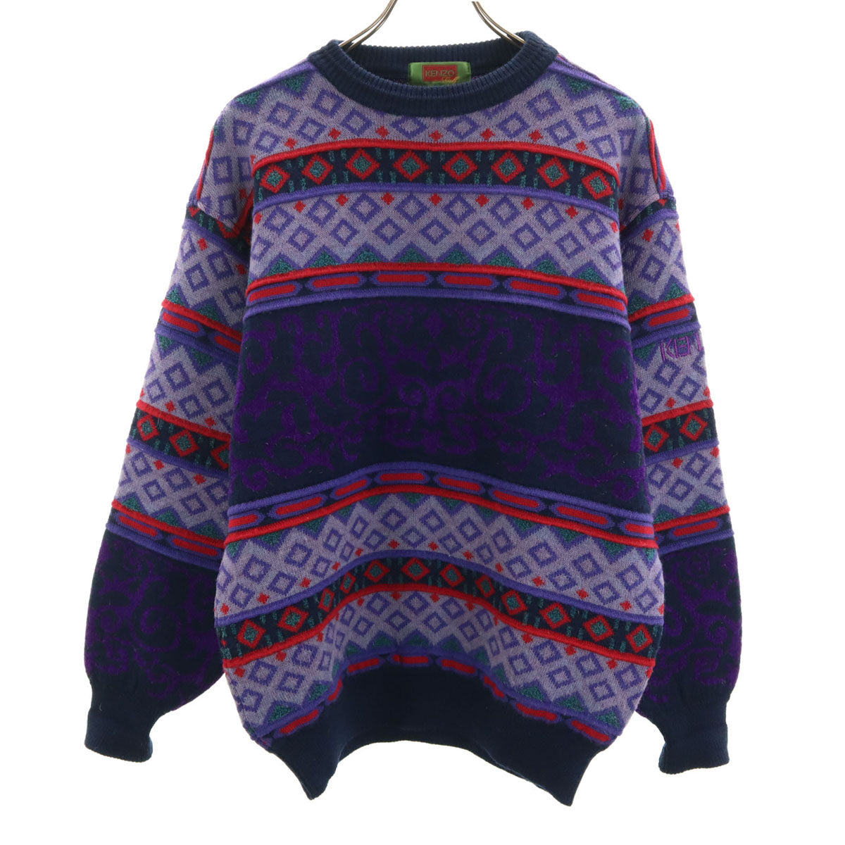 KENZO ケンゾー 90s 日本製 ウールブレンド オールド 総柄 ゴルフ 長袖 セーター 3 パープル系 ニット メンズ