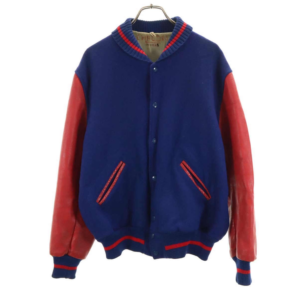 LASLEY KNITTING ラスレイニッティング 60s ウール ヴィンテージ 袖革 スタジャン 44 ネイビー系 メンズ