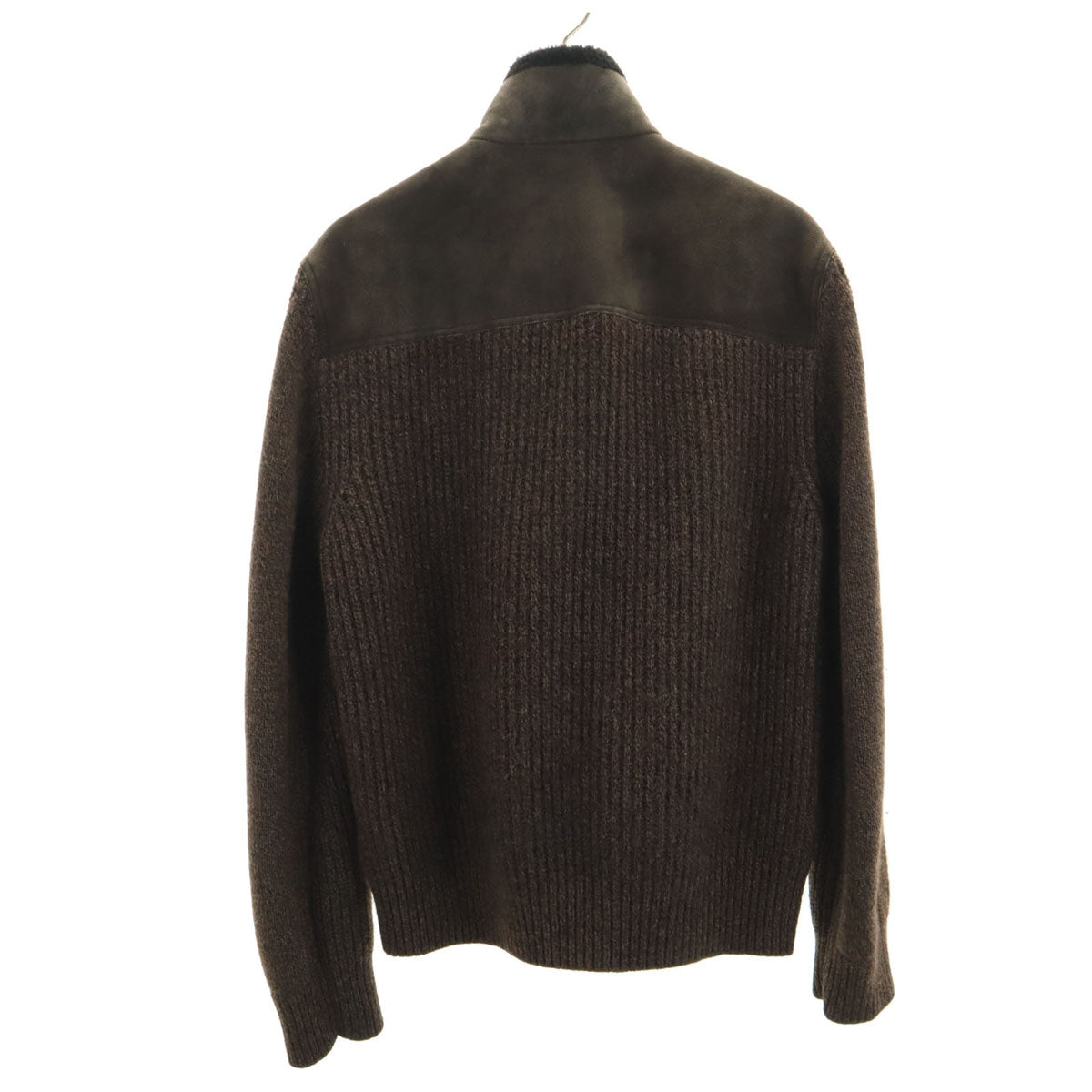 SalvatoreFerragamo サルバトーレフェラガモ イタリア製 ウールブレンド レザー切替 ニットジャケット M ブラウン メンズ