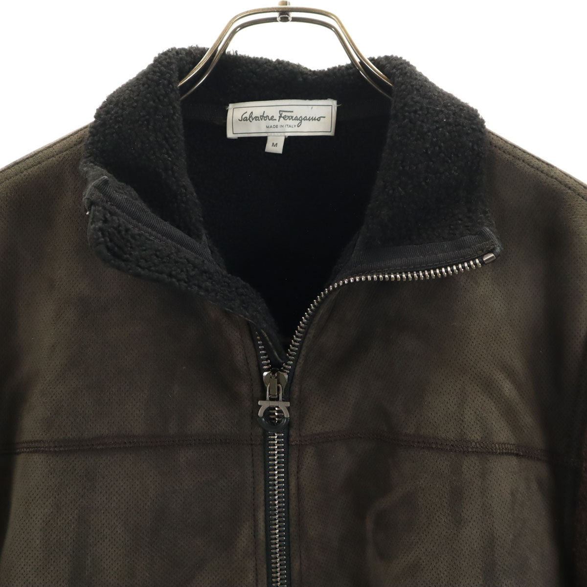 SalvatoreFerragamo サルバトーレフェラガモ イタリア製 ウールブレンド レザー切替 ニットジャケット M ブラウン メンズ