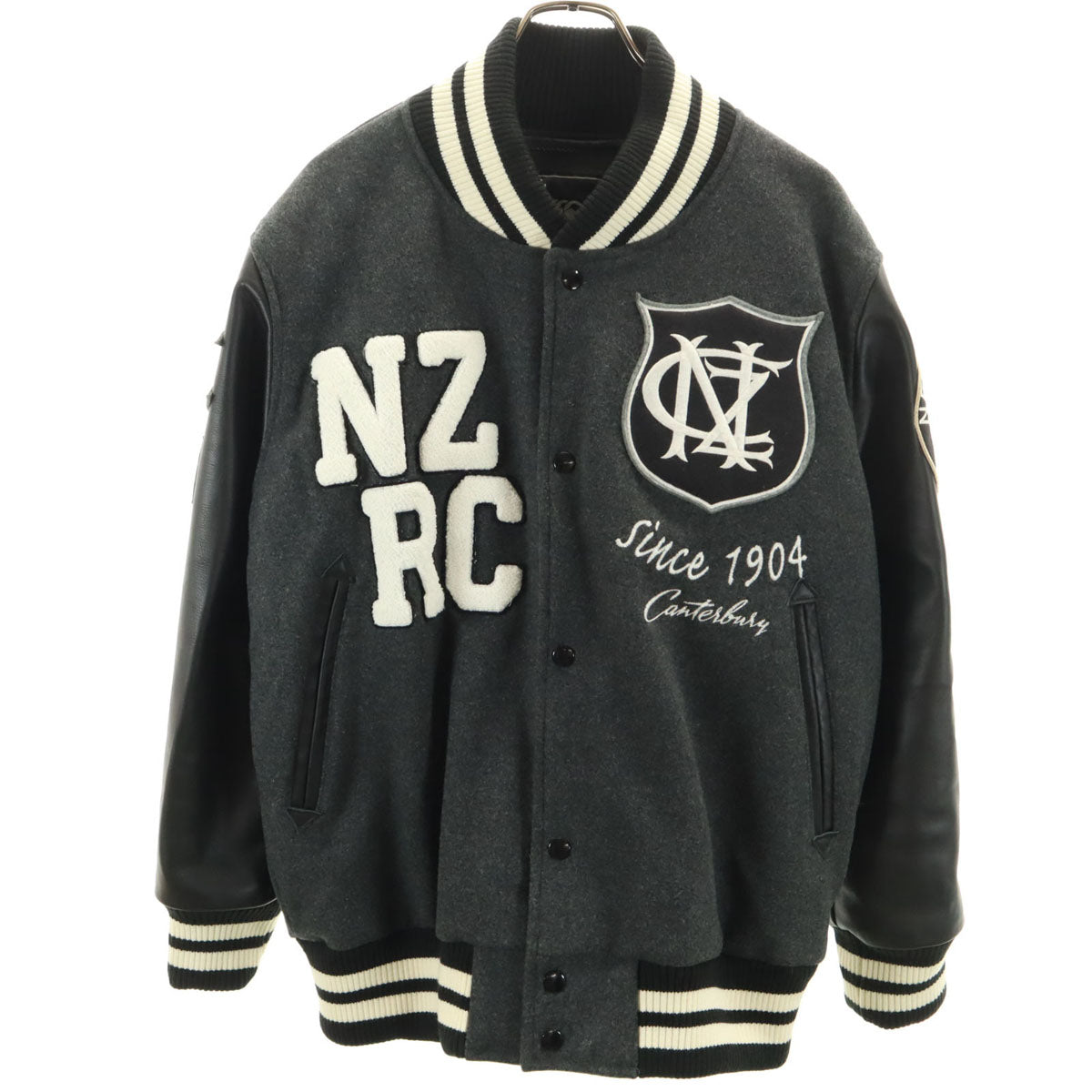 CANTERBURY OF NEW ZEALAND カンタベリー ウールブレンド ラグビー 袖レザー切替 スタジャン L グレー メンズ