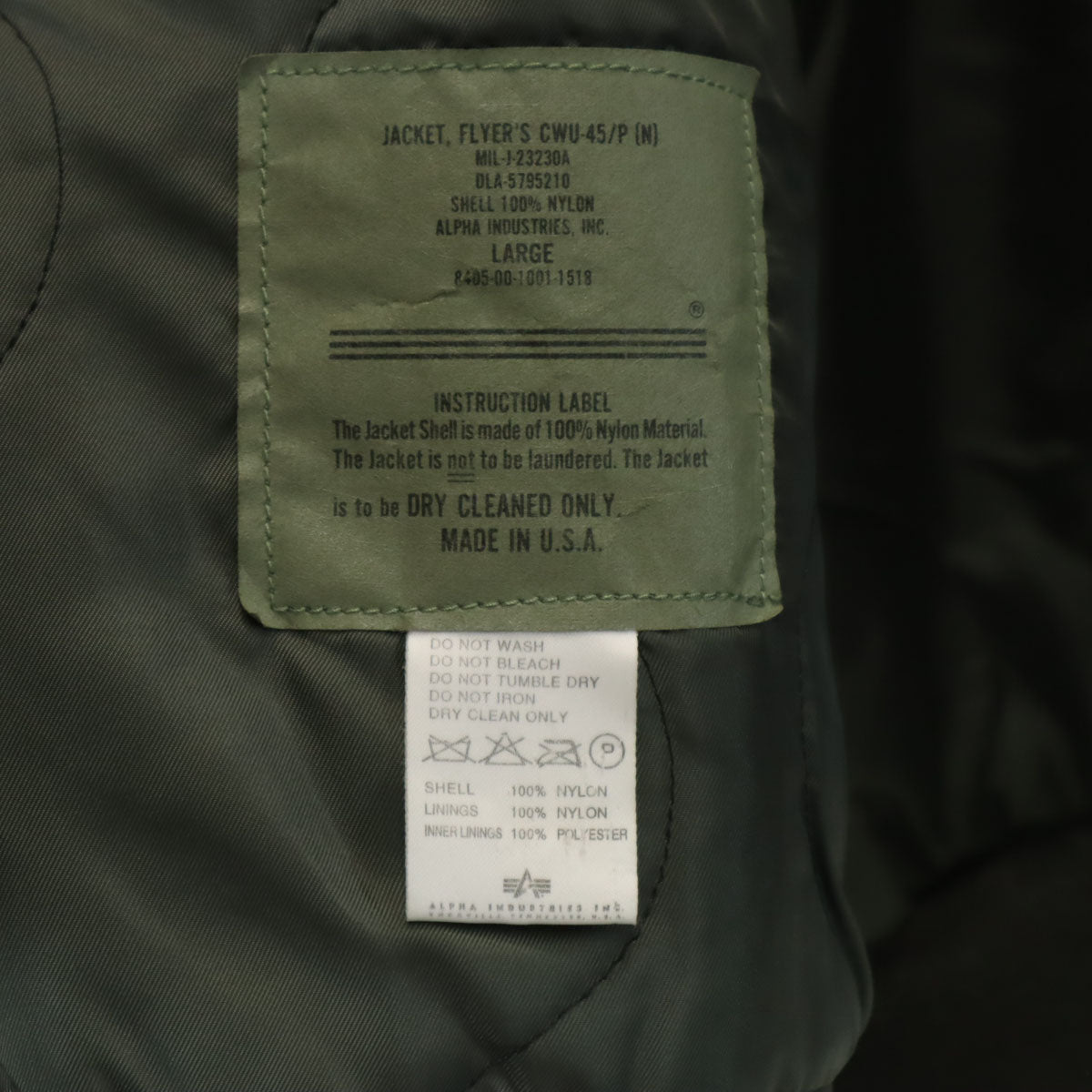ALPHA INDUSTRIES INC アルファインダストリーズ USA製 CWU-45 フライトジャケット L オリーブ系 中綿 メンズ