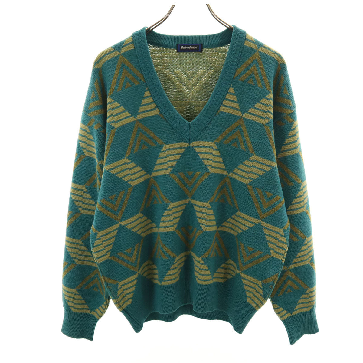 YVES SAINT LAURENT イヴサンローラン 90s オールド 幾何学柄 長袖 Vネック セーター M 青緑 ニット レディース