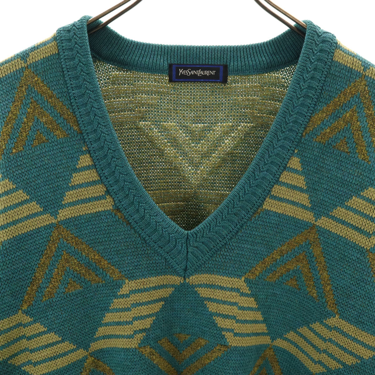 YVES SAINT LAURENT イヴサンローラン 90s オールド 幾何学柄 長袖 Vネック セーター M 青緑 ニット レディース