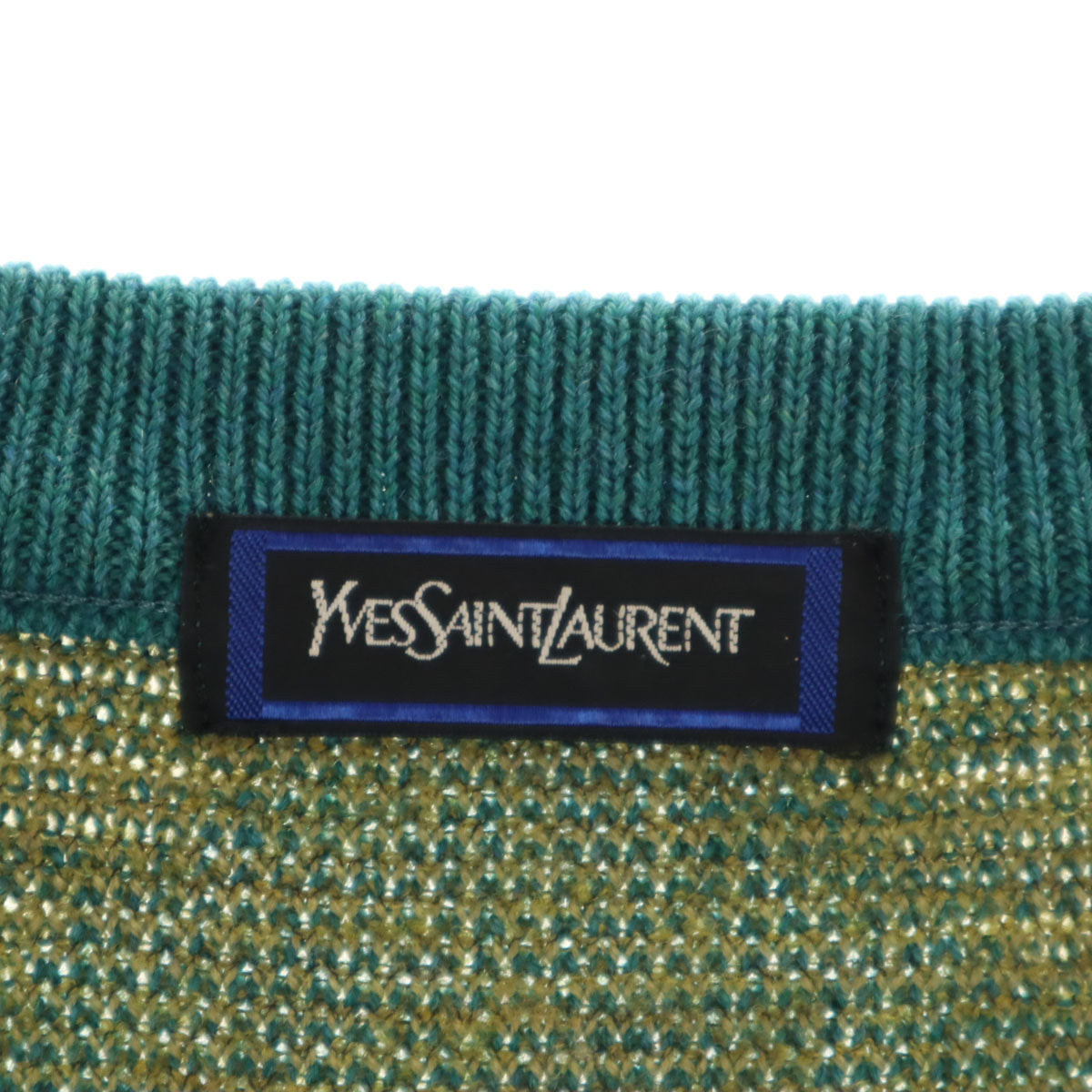 YVES SAINT LAURENT イヴサンローラン 90s オールド 幾何学柄 長袖 Vネック セーター M 青緑 ニット レディース