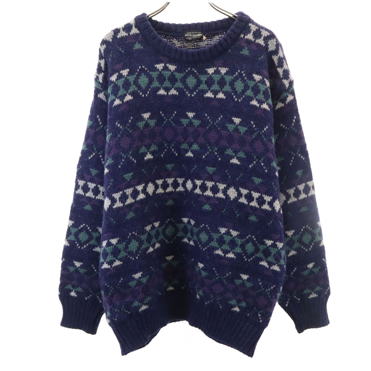 Brooks Brothers ブルックスブラザーズ 80s 90s 英国製 ウール100% オールド 総柄 長袖 セーター M ネイビー系 ニット メンズ