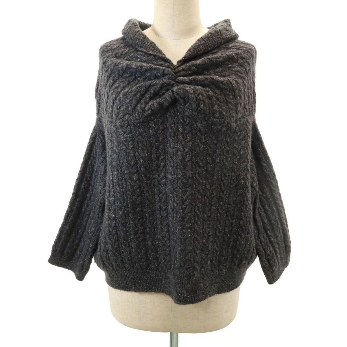 tumugu: ツムグ 日本製 リネンブレンド 5分袖 ショート丈 ケーブル ニット F チャコールグレー セーター レディース