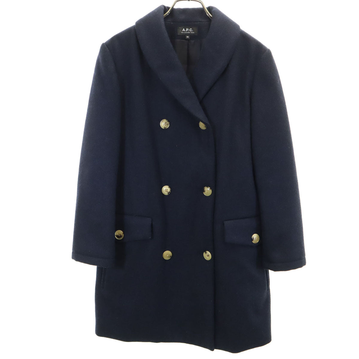 美品 A.P.C. アーペーセー ショールカラー ダブルブレスト ウールコート XS ネイビー レディース